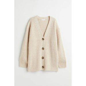 H&M Long Ribbed Knit Natural Beige Button Cardigan